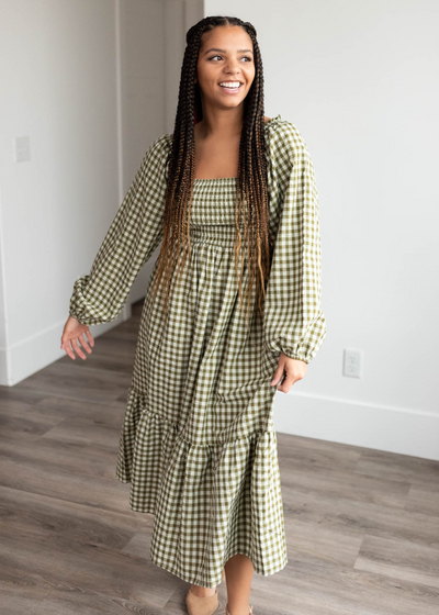 Olive gingham sqaure neck dress with tiered skirt and long sleeves