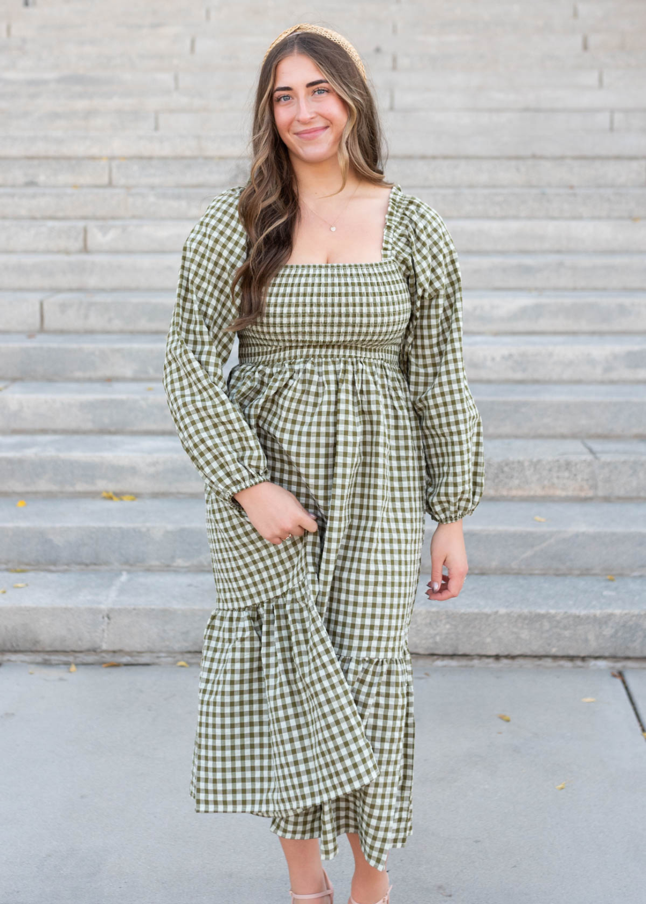 Long sleeve olive gingham square neck dress