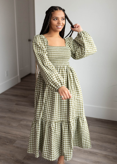 Smocked bodice olive gingham square neck dress