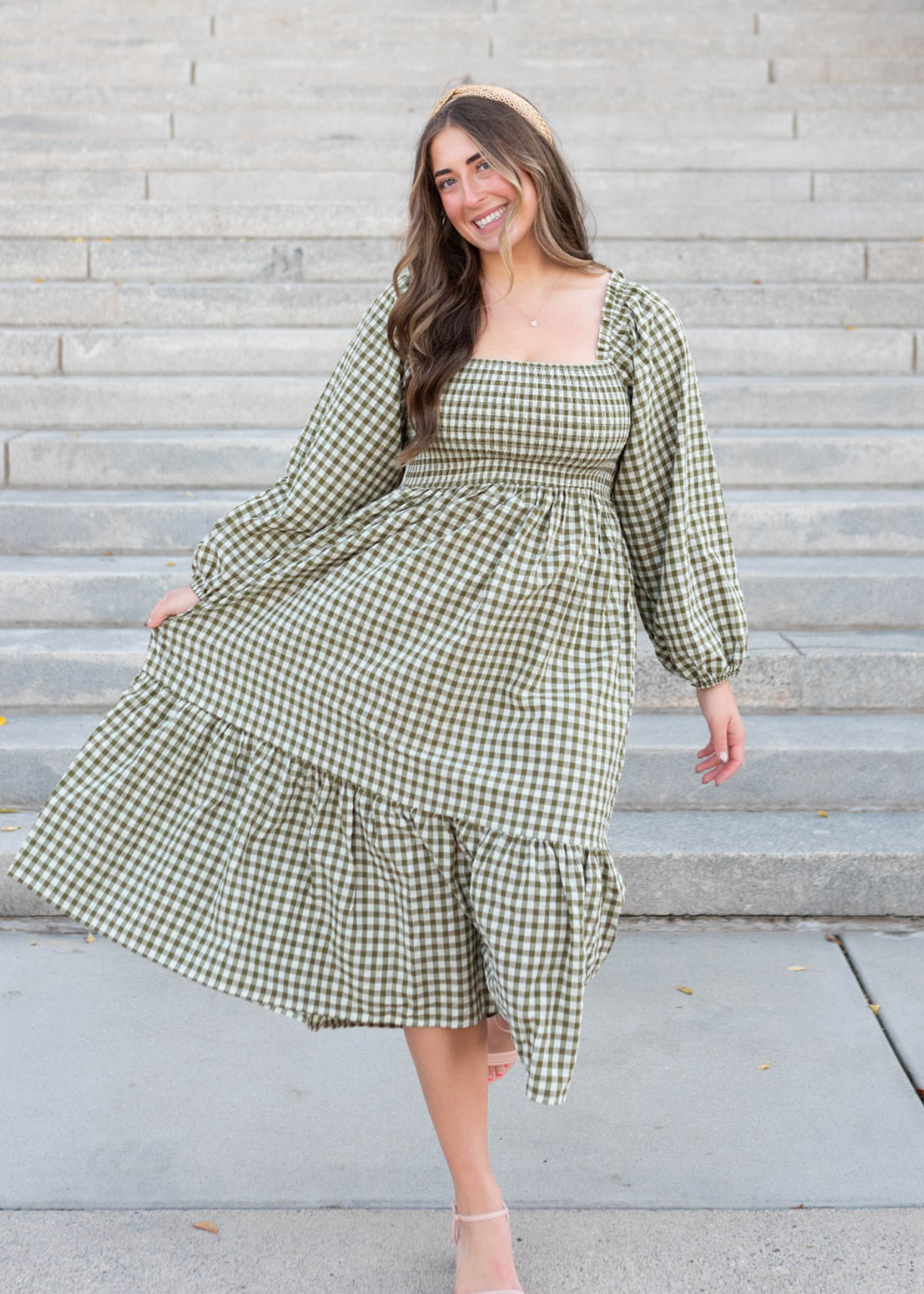 Olive gingham square neck dress