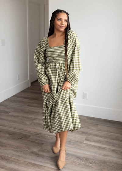 Olive gingham square neck dress with long sleeves