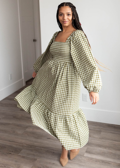 Long sleeve olive gingham square neck dress