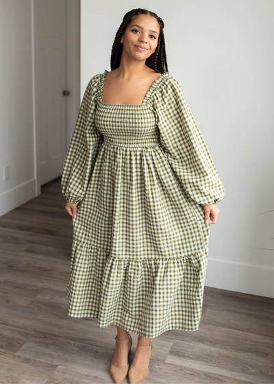 Olive gingham sqaure neck dress