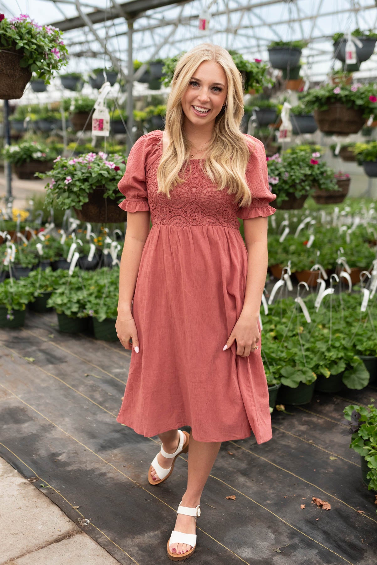 Short sleeve dusty blush crochet smocked dress