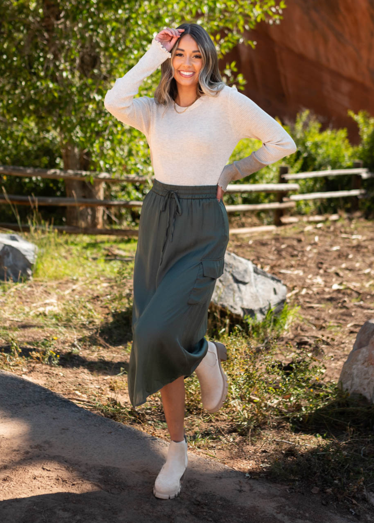 Long dark olive cargo skirt