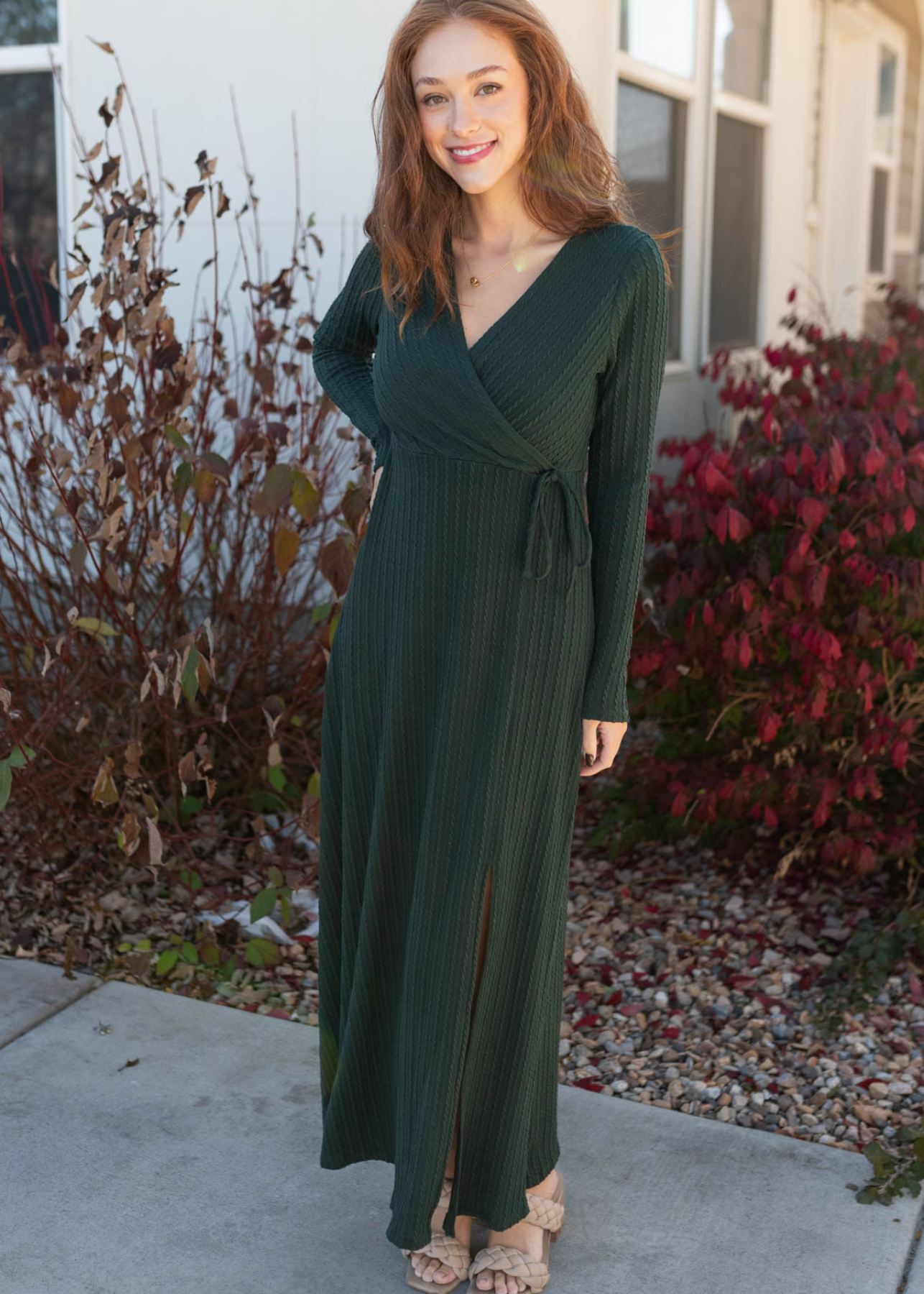 Faux wrap style hunter green textured maxi dress