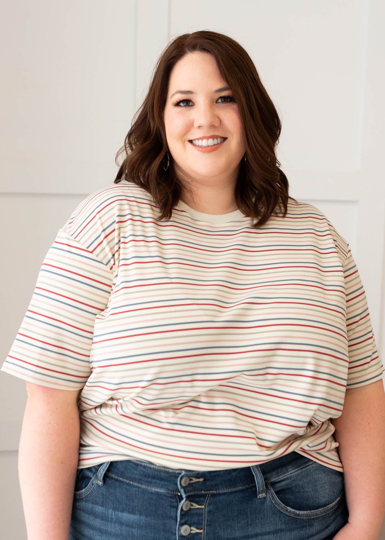 Plus size ivory multi stripe top with short sleeves