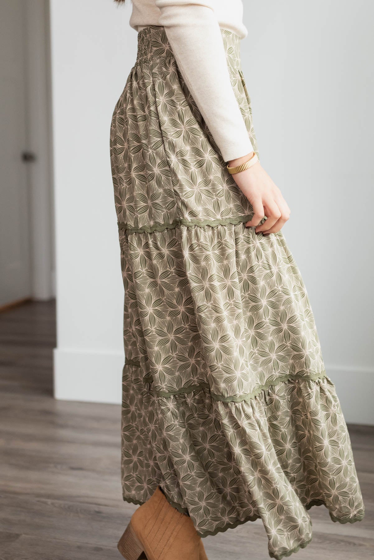 Side view of the olive floral skirt