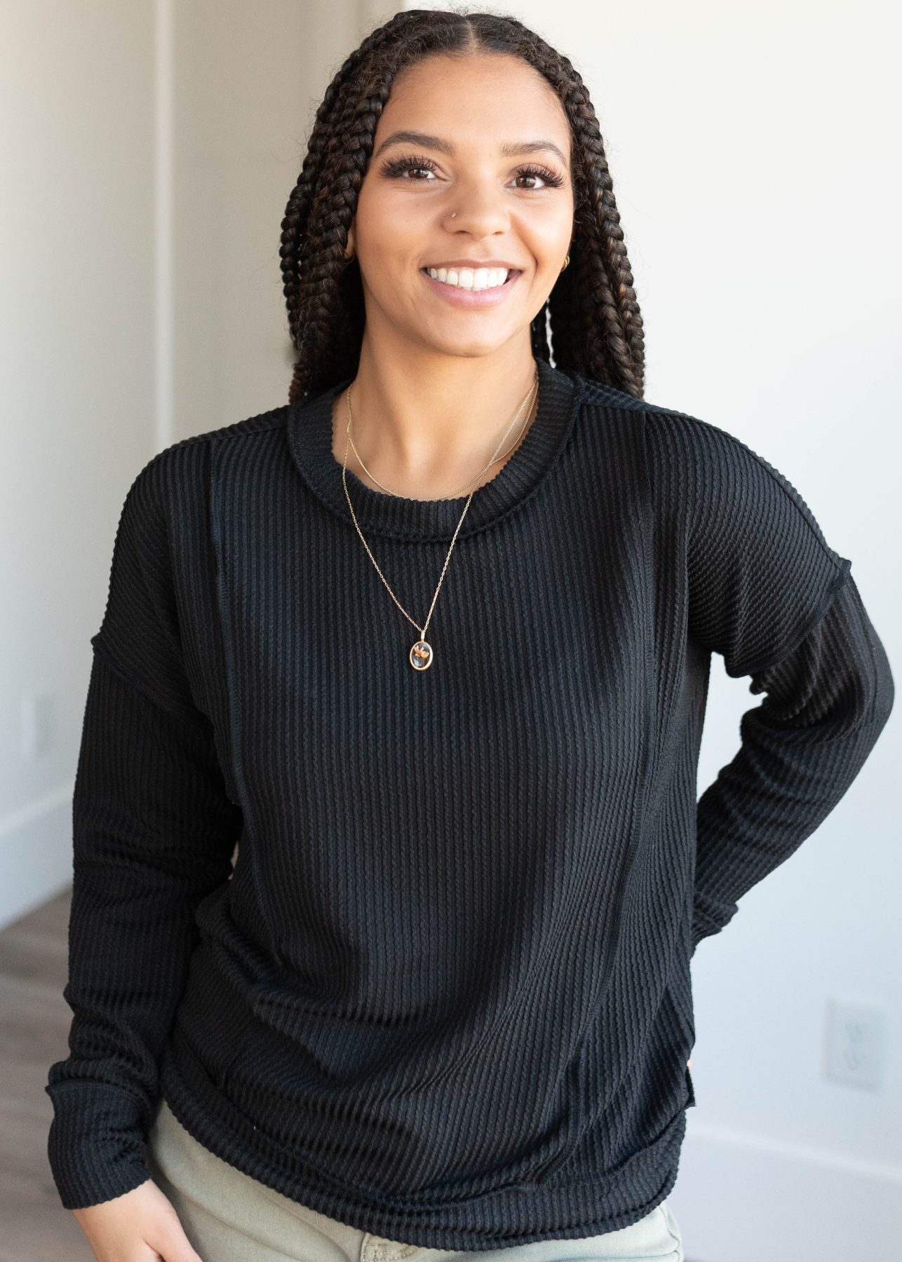 Lucy Black Ribbed Long Sleeve Top