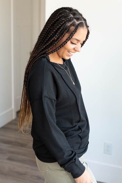 Lucy Black Ribbed Long Sleeve Top