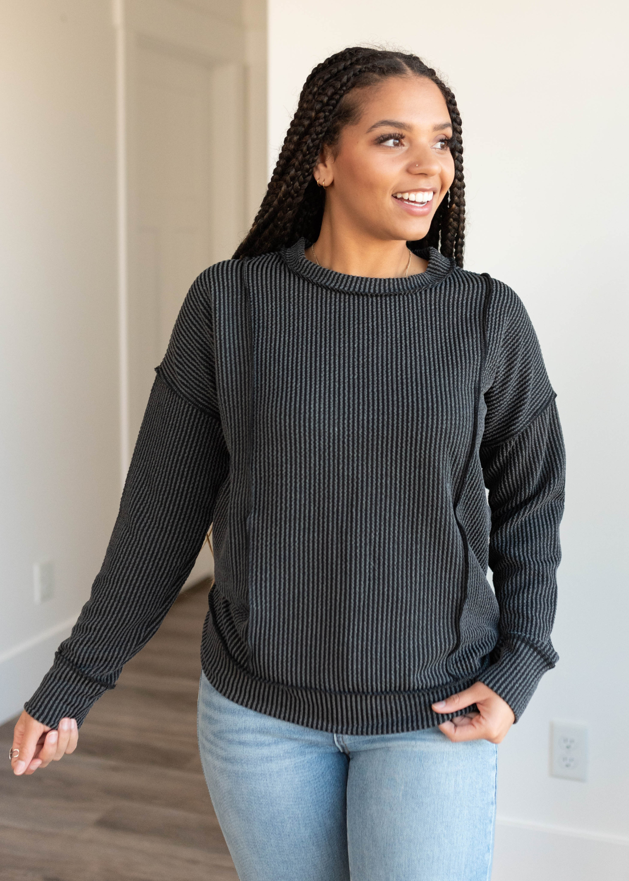 Crew neck charcoal ribbed long sleeve top