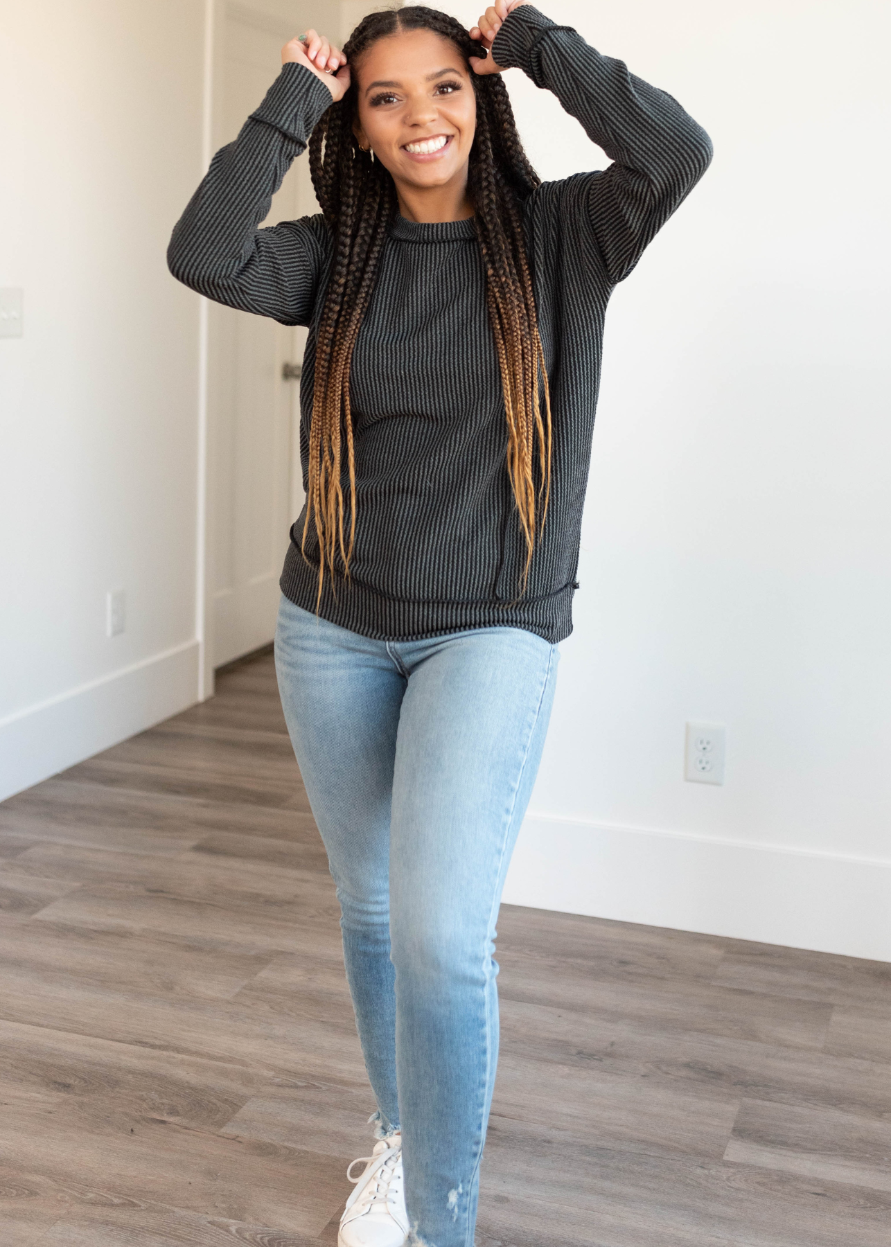 Charcoal ribbed long sleeve top in a small