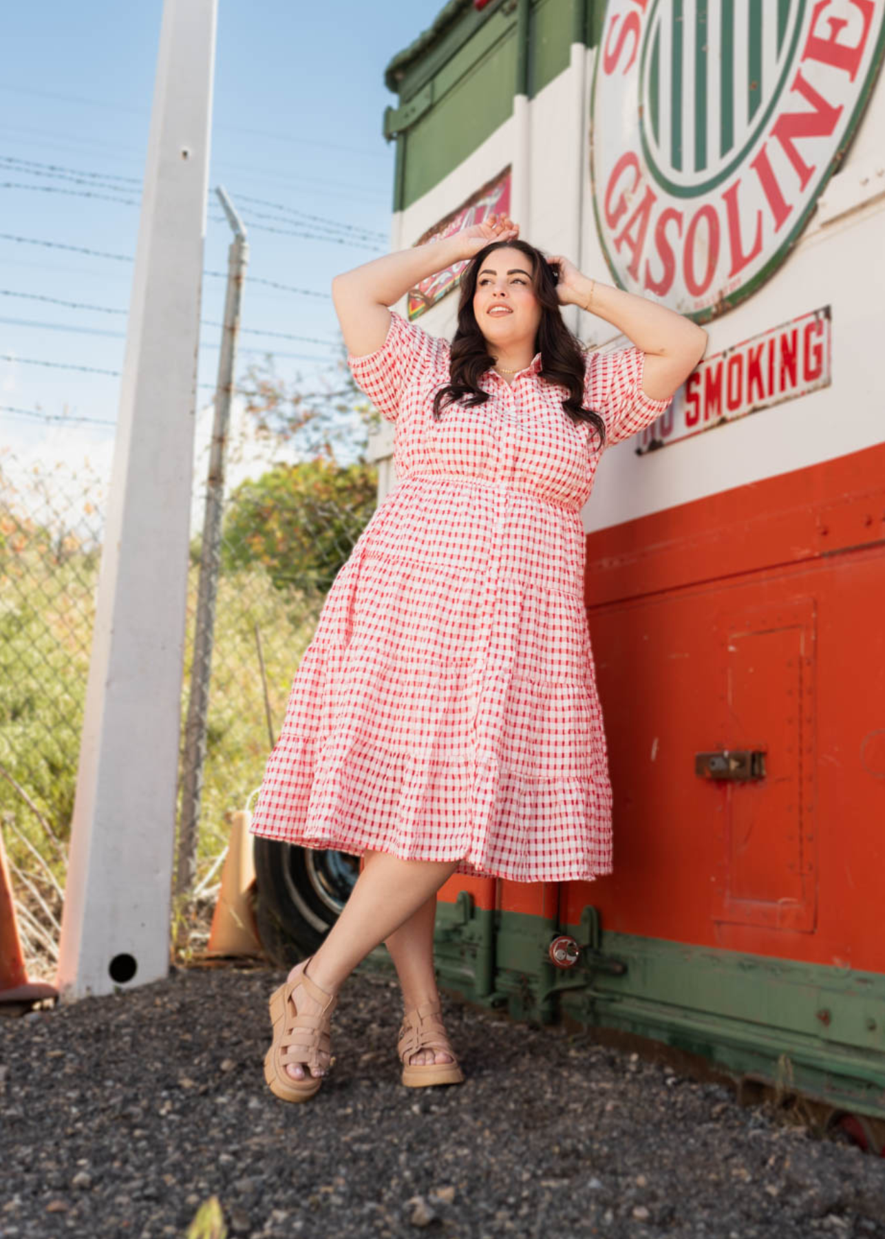 Short sleeve plus size cherry plaid dress