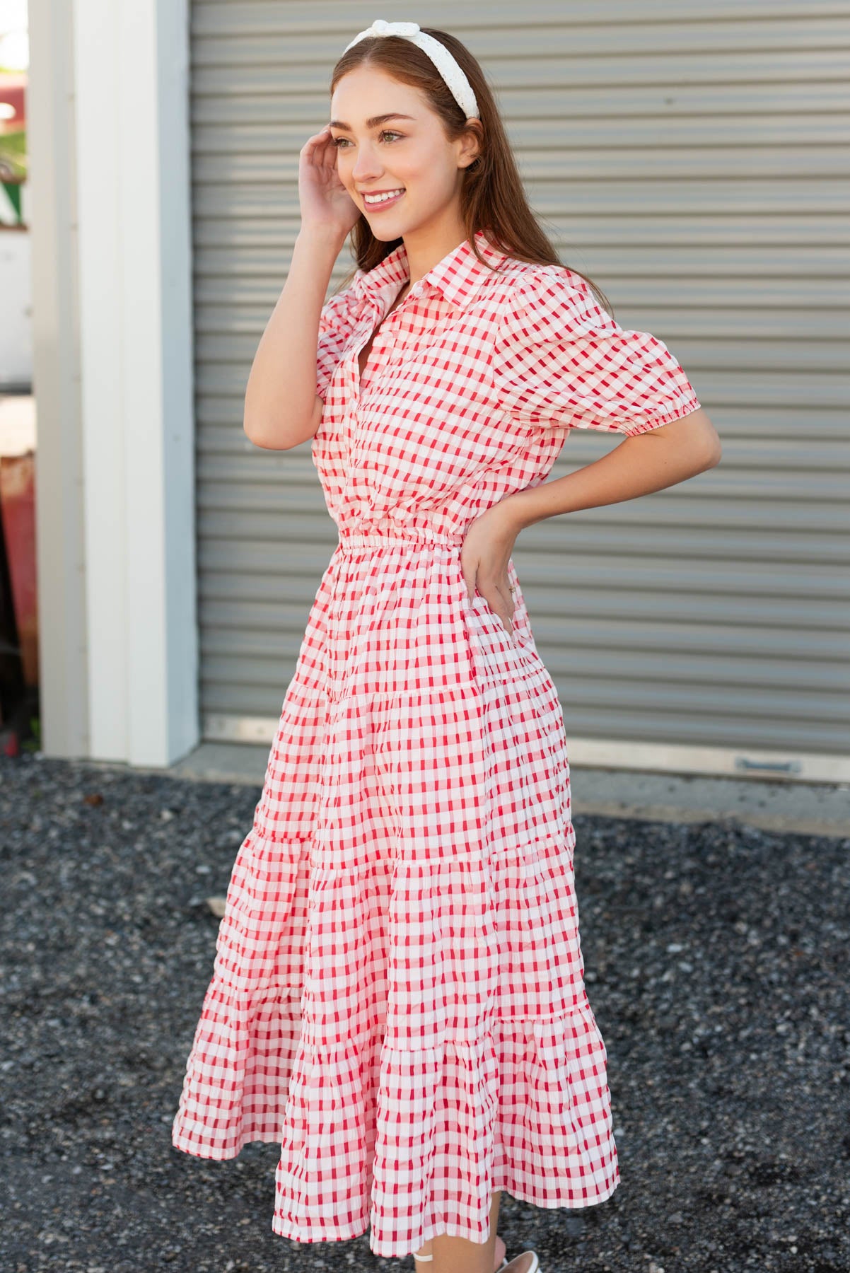 Side view of the cherry plaid dress