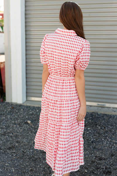 Back view of the cherry plaid dress