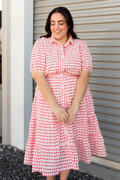 Short sleeve plus size cherry plaid dress