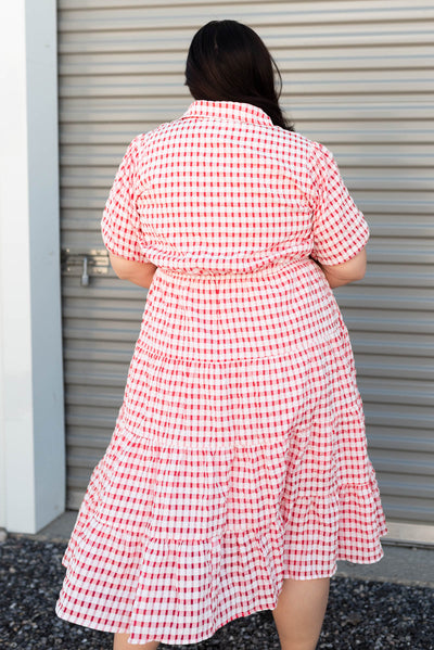 Back view of the plus size cherry plaid dress