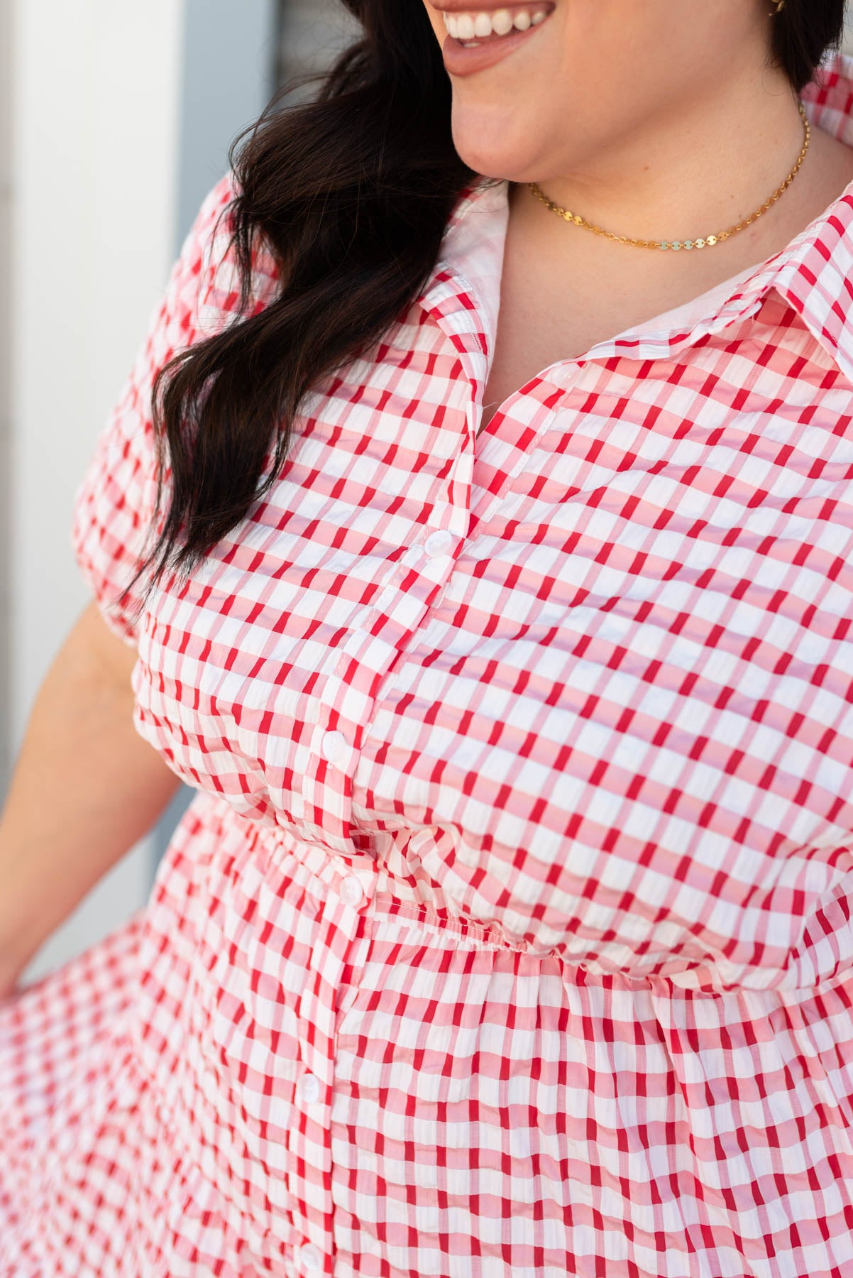 Close up of the bodice on the plus size cherry plaid dress