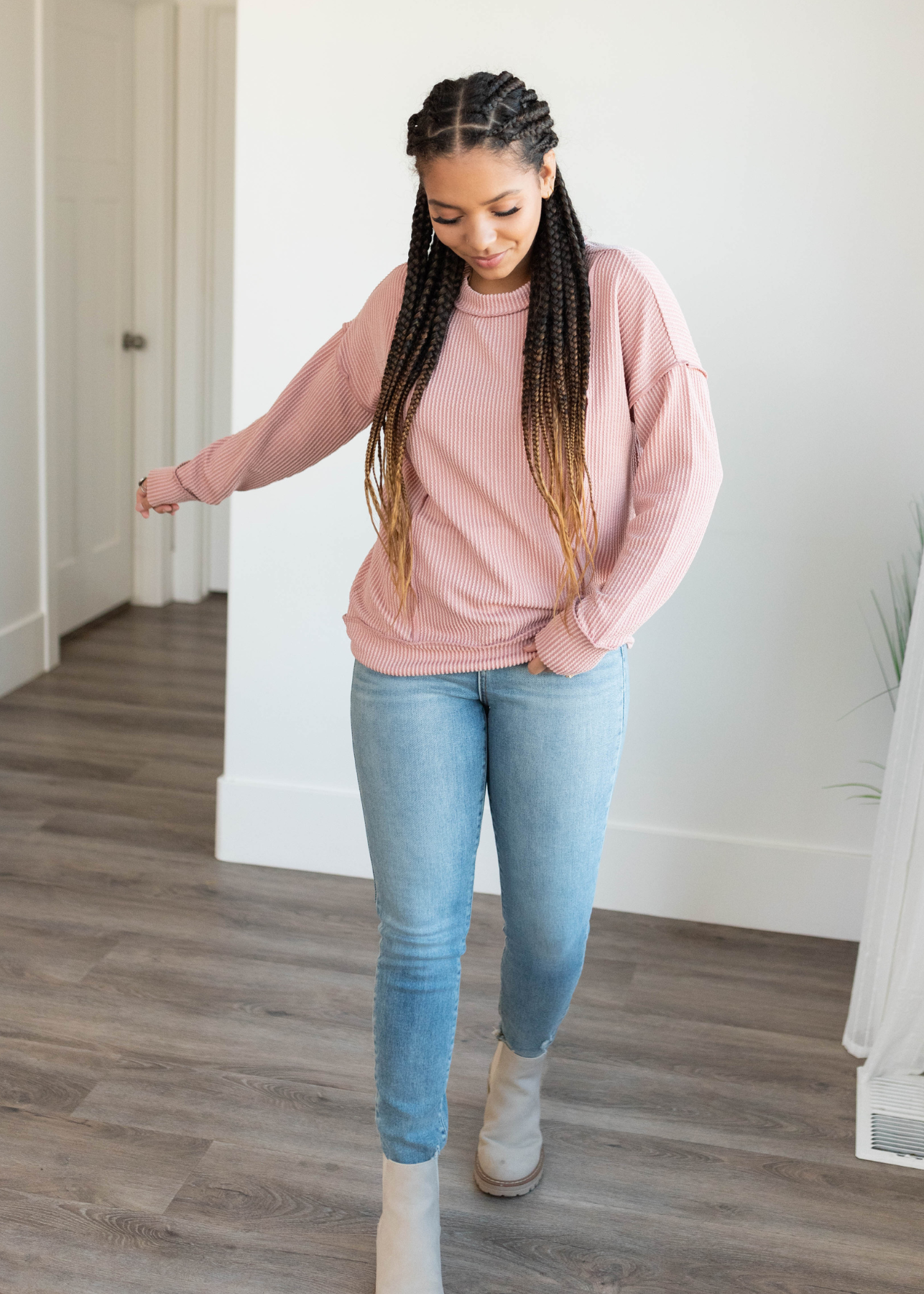 Lucy Light Rose Ribbed Long Sleeve Top