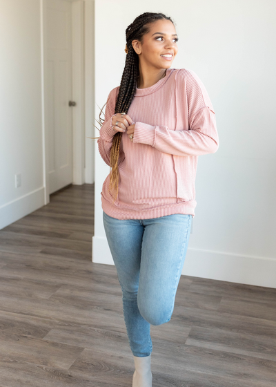 Lucy Light Rose Ribbed Long Sleeve Top