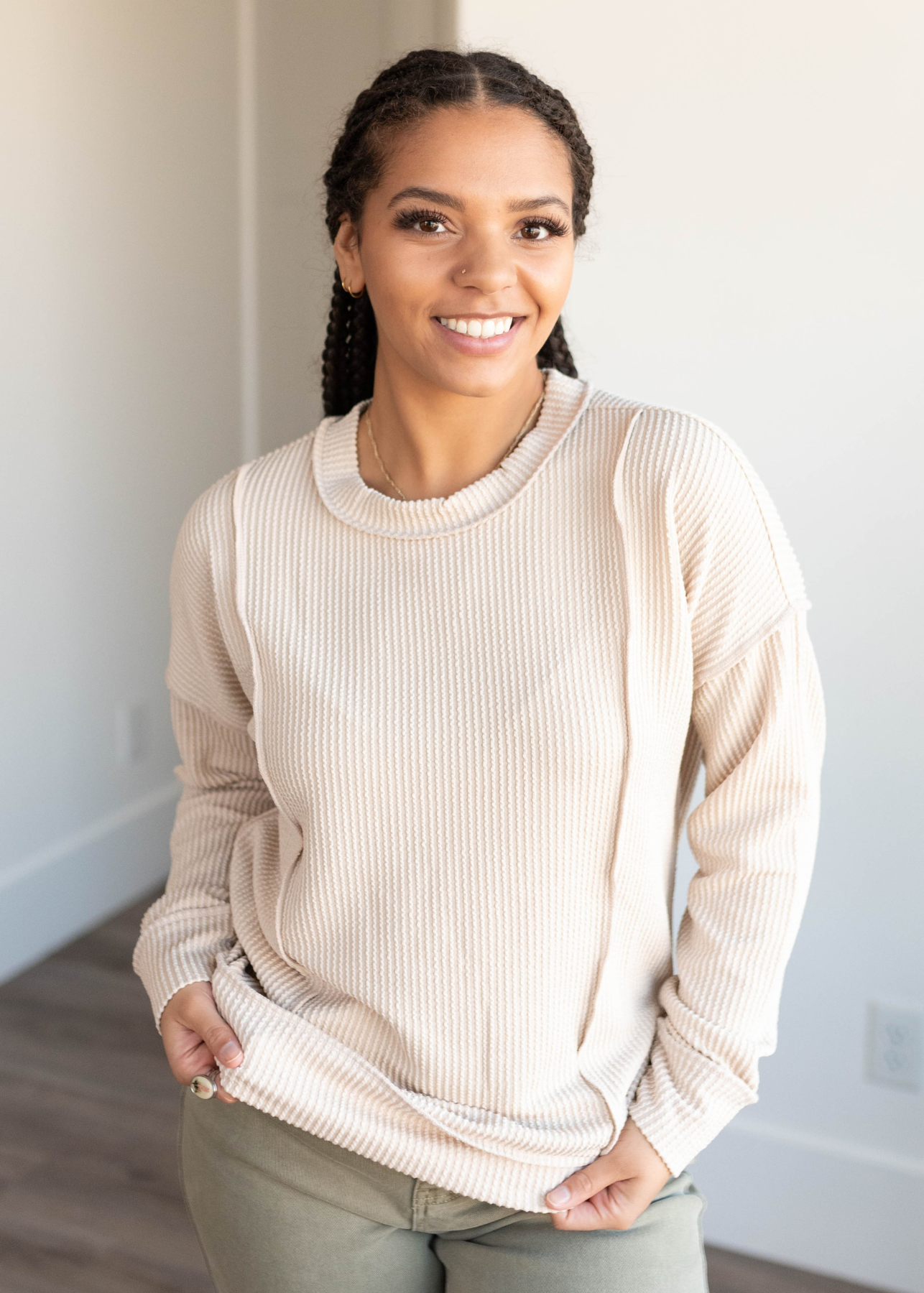 Lucy Sand Beige Ribbed Long Sleeve Top