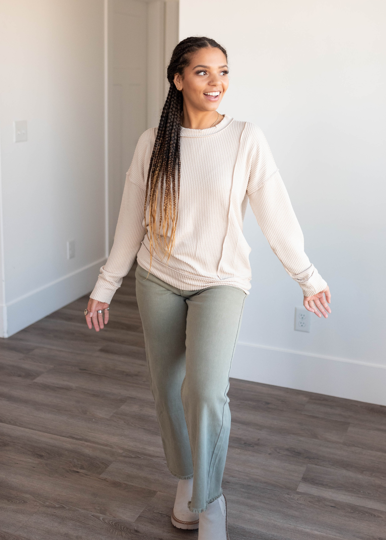 Lucy Sand Beige Ribbed Long Sleeve Top