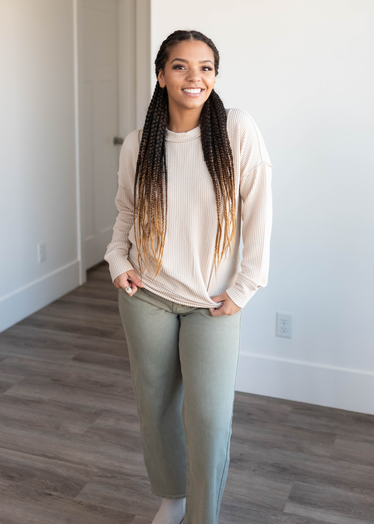 Lucy Sand Beige Ribbed Long Sleeve Top