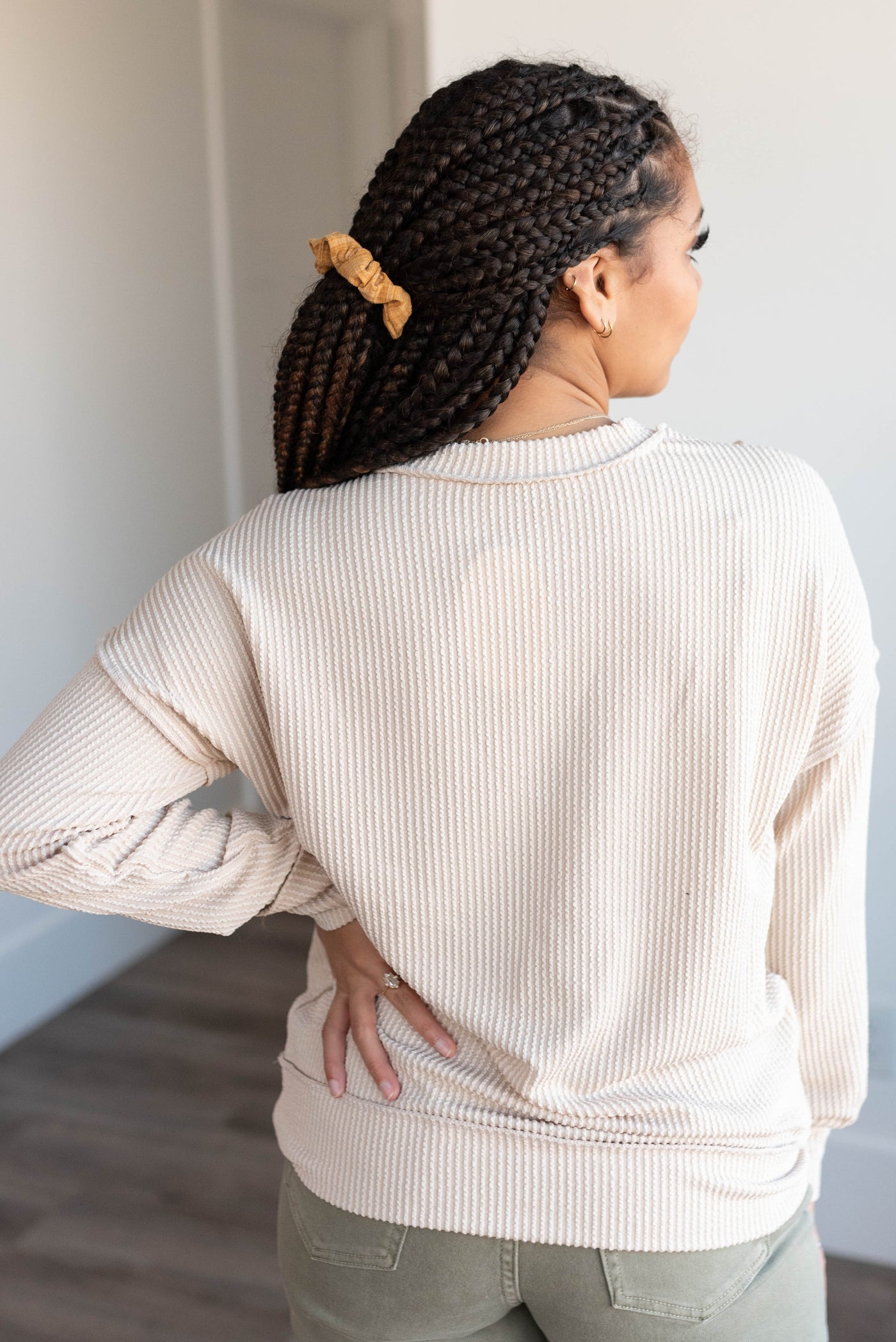 Lucy Sand Beige Ribbed Long Sleeve Top