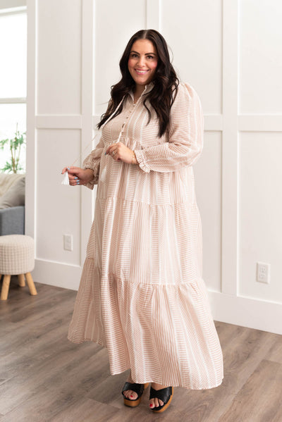 Long sleeve plus size tan patterned dress