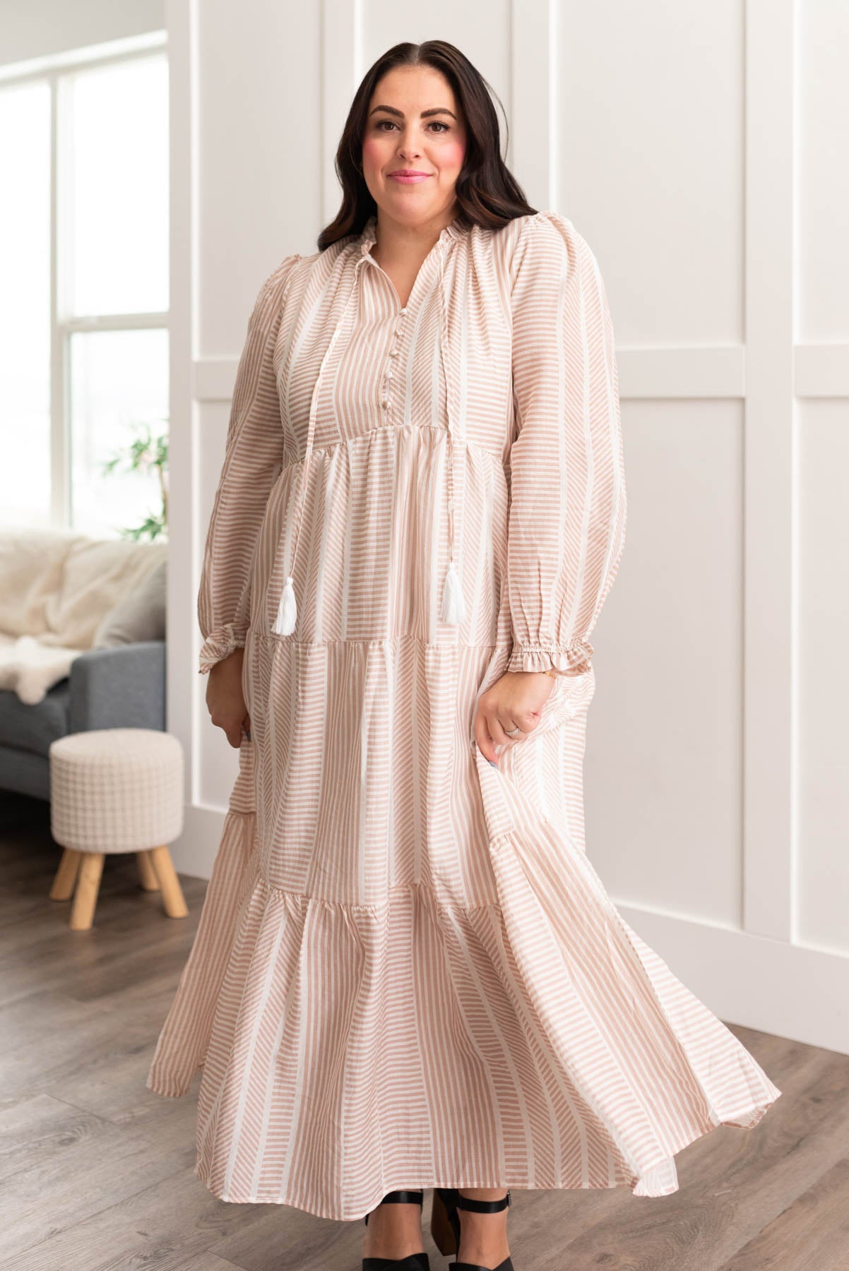 Long sleeve plus size tan patterned dress