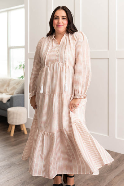 Long sleeve plus size tan patterned dress