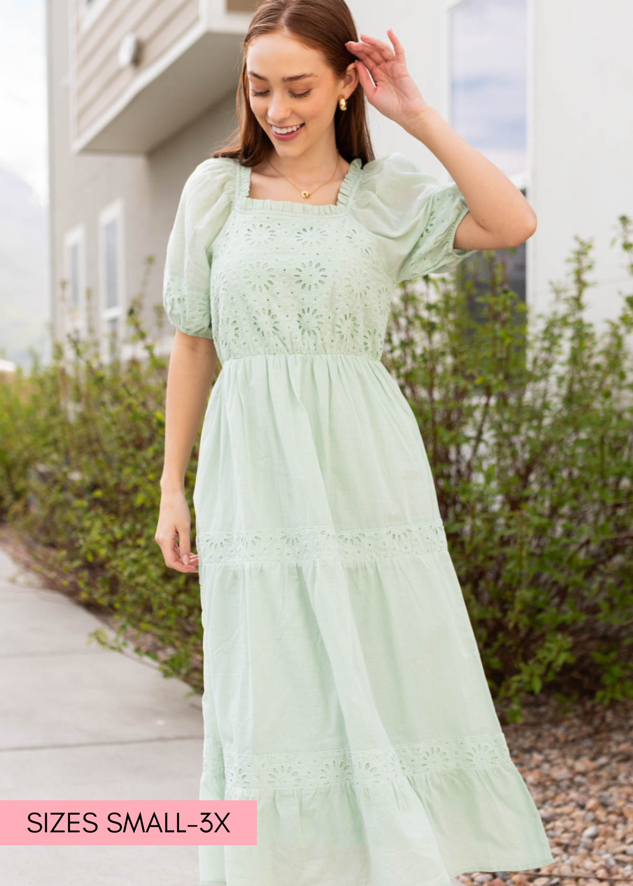 Short sleeve sage eyelet tiered dress