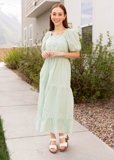 Sage eyelet tiered dress