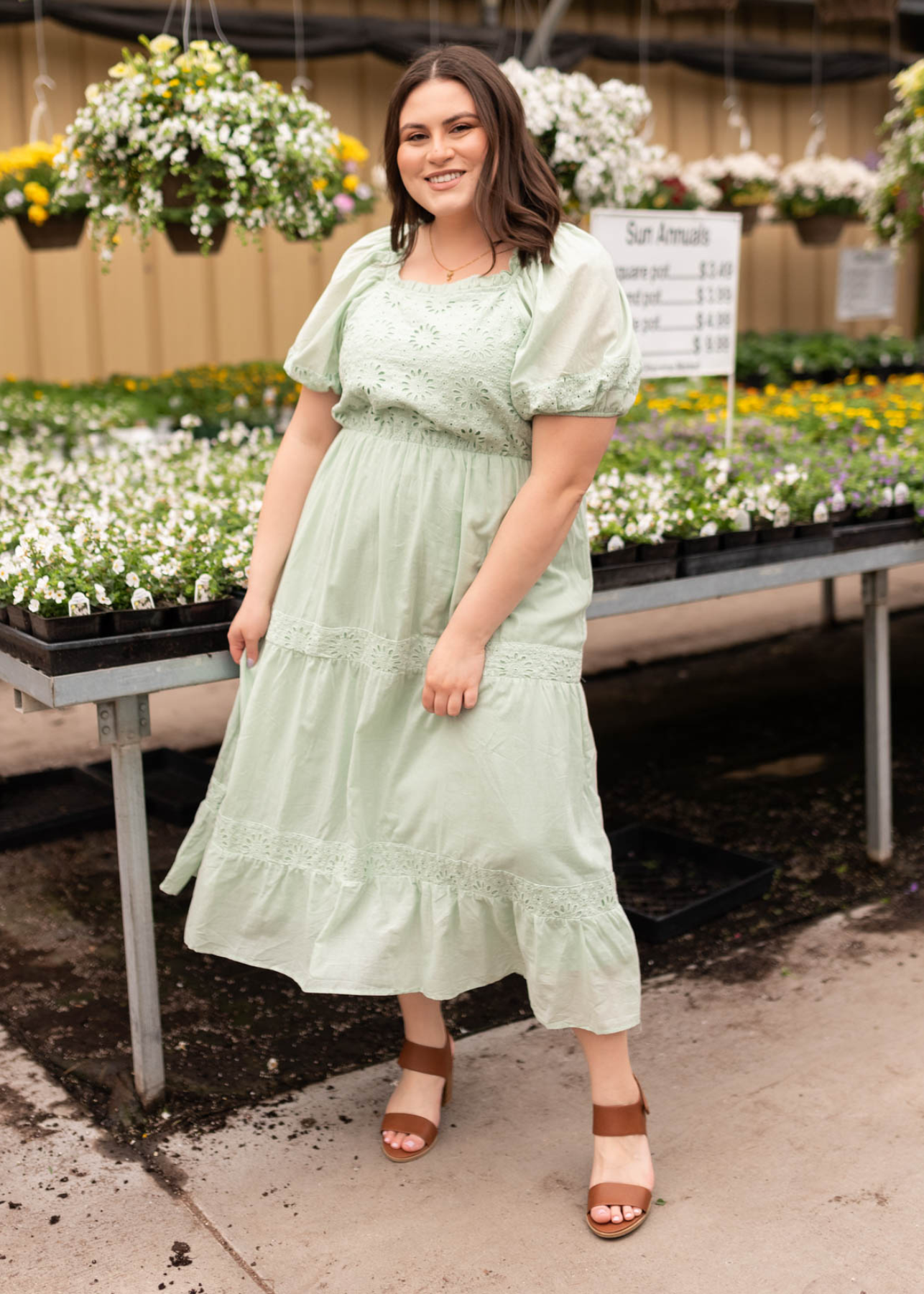 Plus size sage eyelet tiered dress with short sleeves