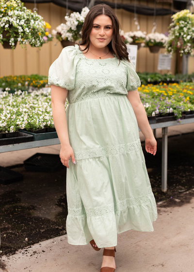 Short sleeve plus size sage eyelet pleated dress