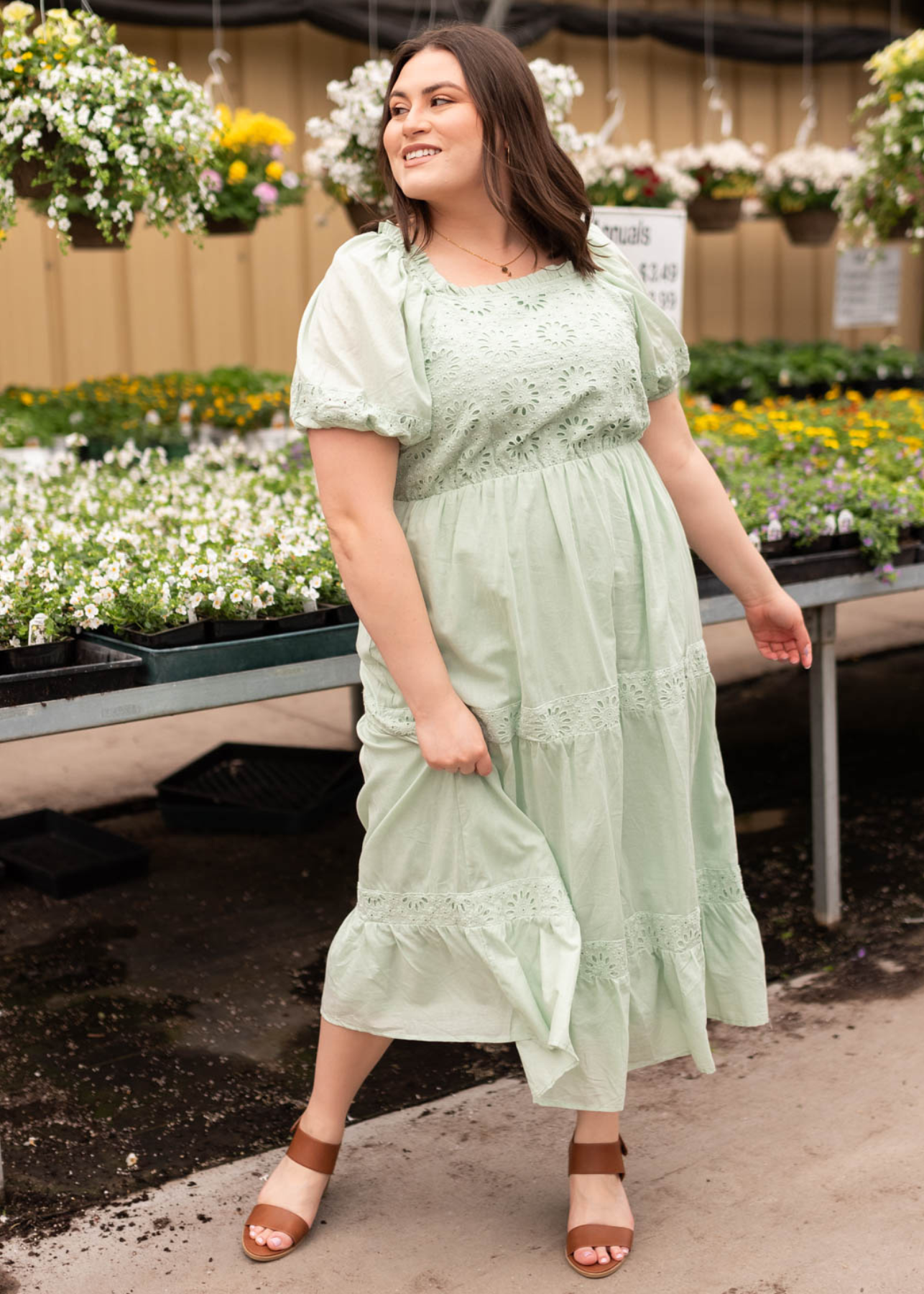 Plus size sage eyelet tiered dress