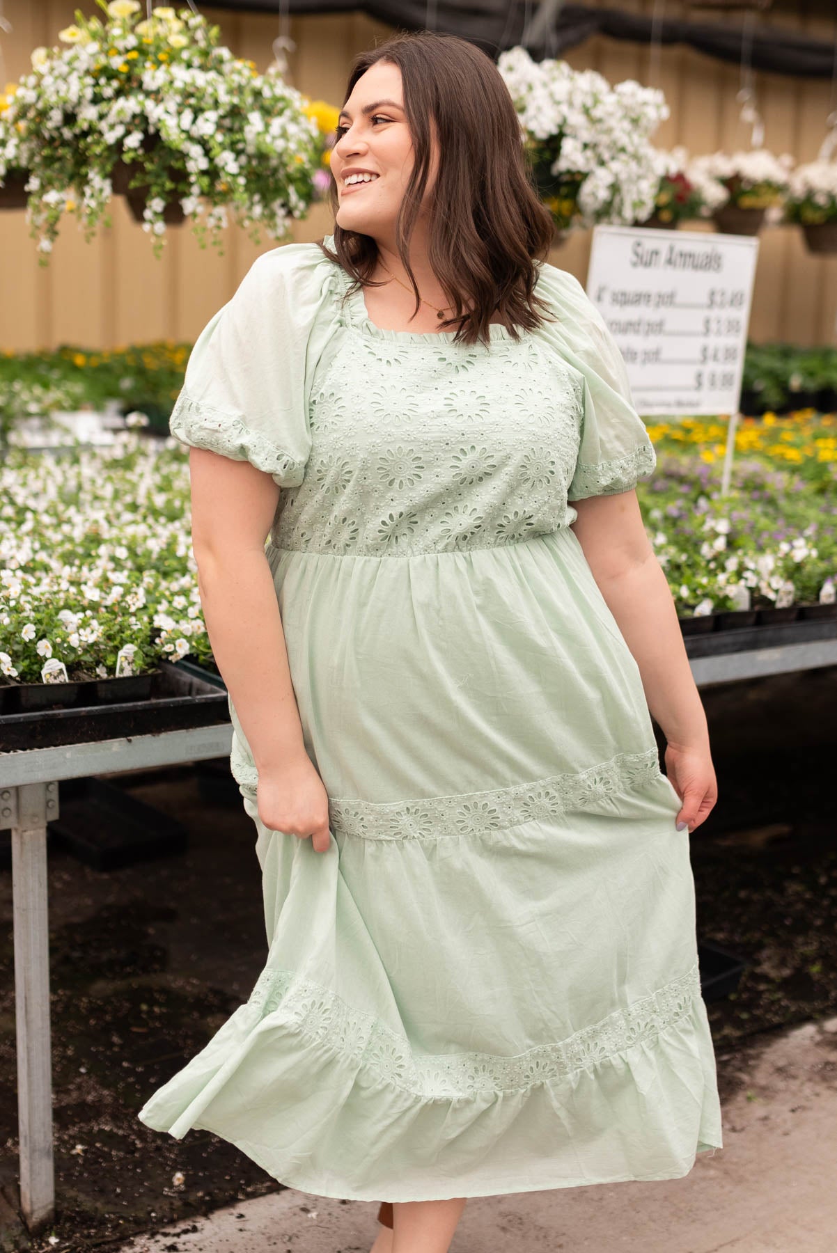 Sage eyelet tiered dress in plus size