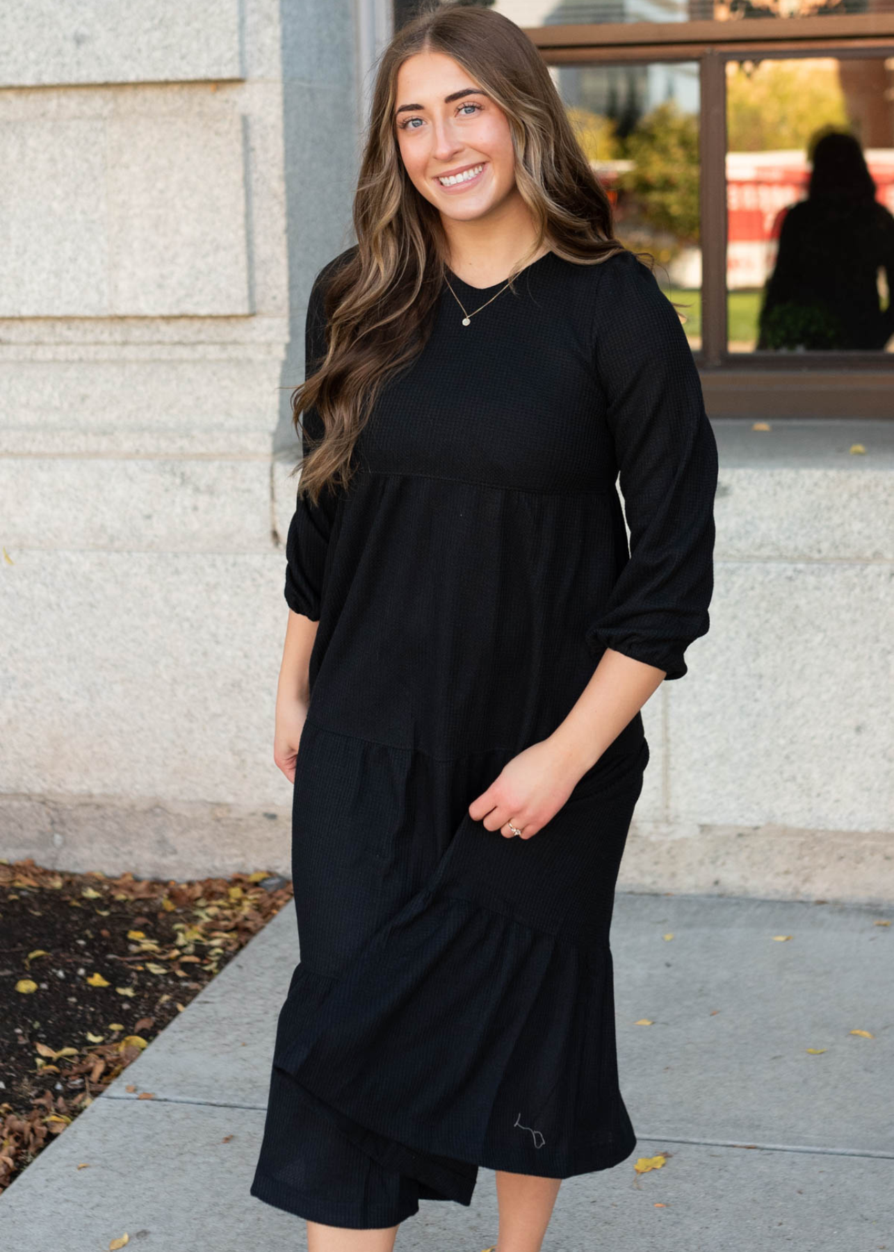 Long sleeve black waffle knit dress