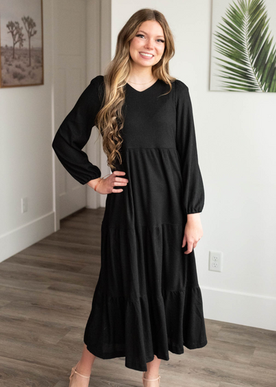 Black waffle knit dress with long sleeves