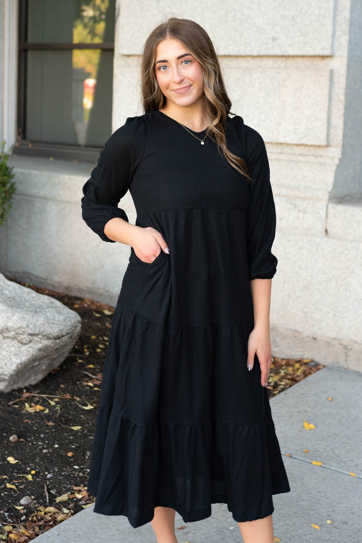 Black waffle knit dress with pockets