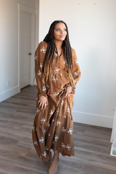 Brown embroidered dress with long sleeves