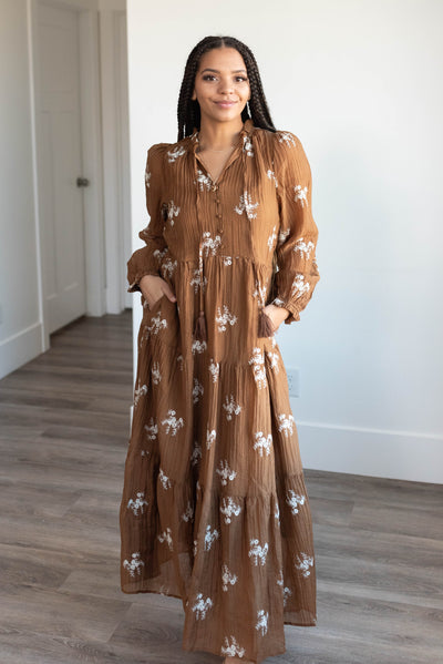 Long sleeve brown embroidered dress