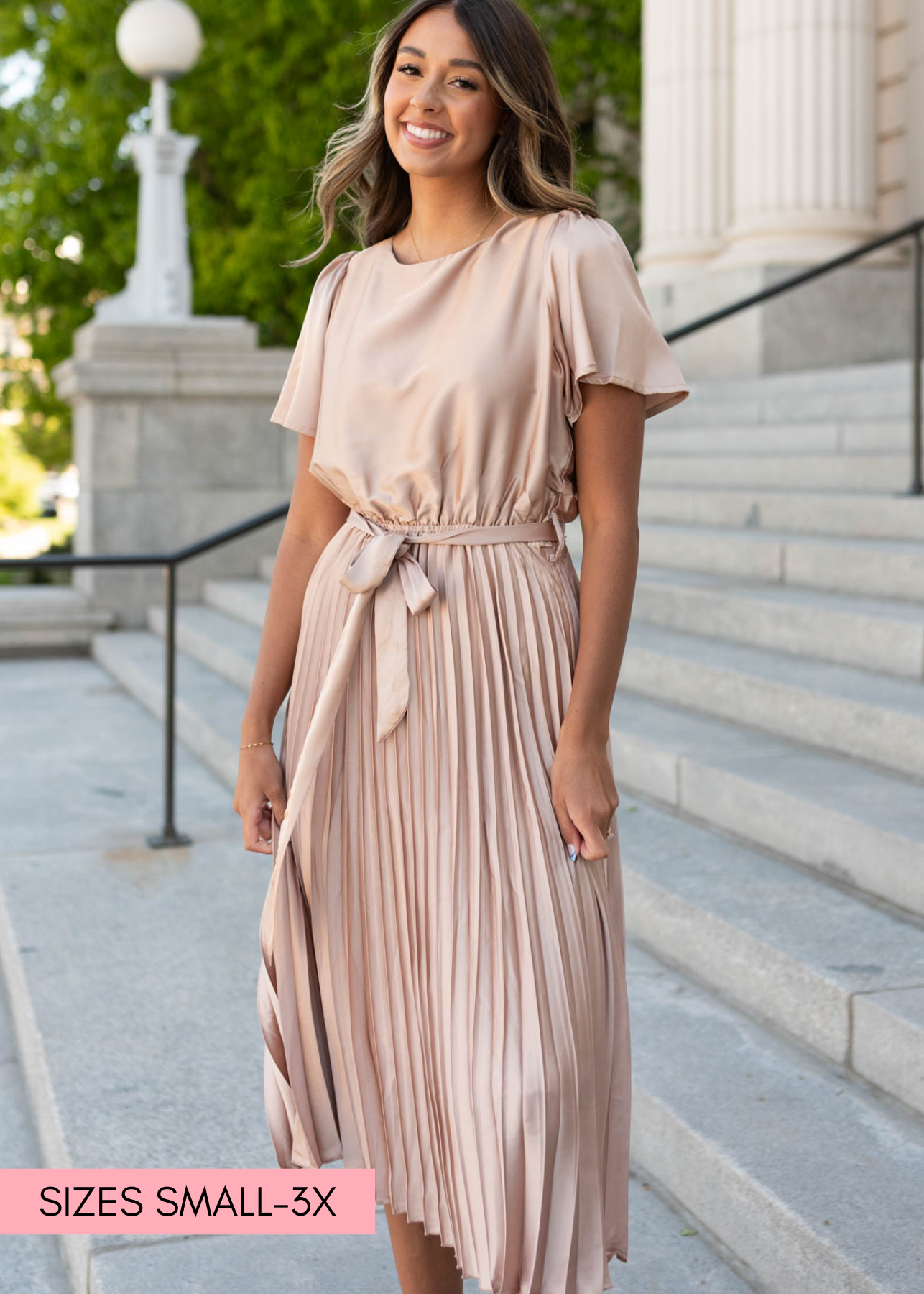 Short sleeve champagne satin pleat dress