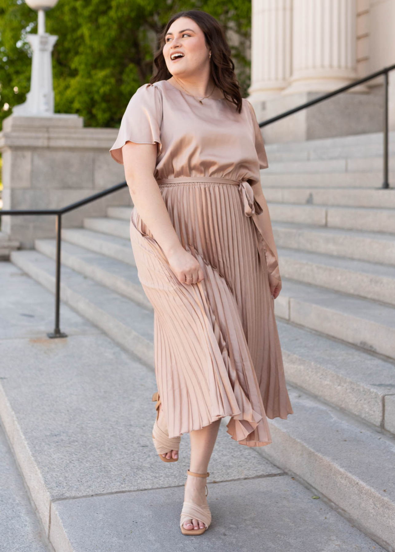 Plus size short sleeve champagne satin pleat dress