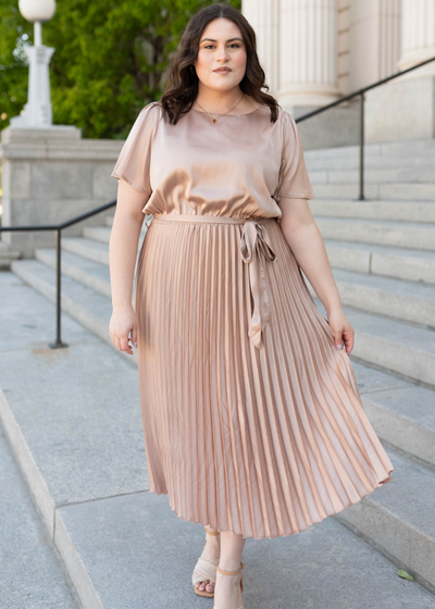 Plus size champagne satin pleat dress