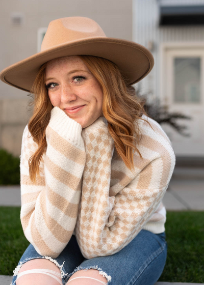 Taupe cardigan with checks and stripes