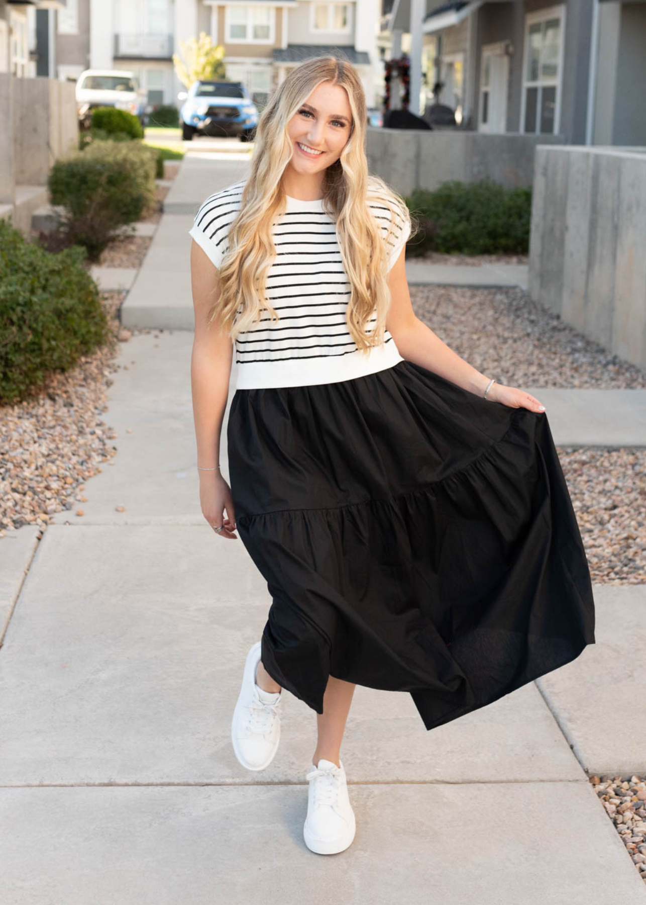 Short sleeve black stripe dress