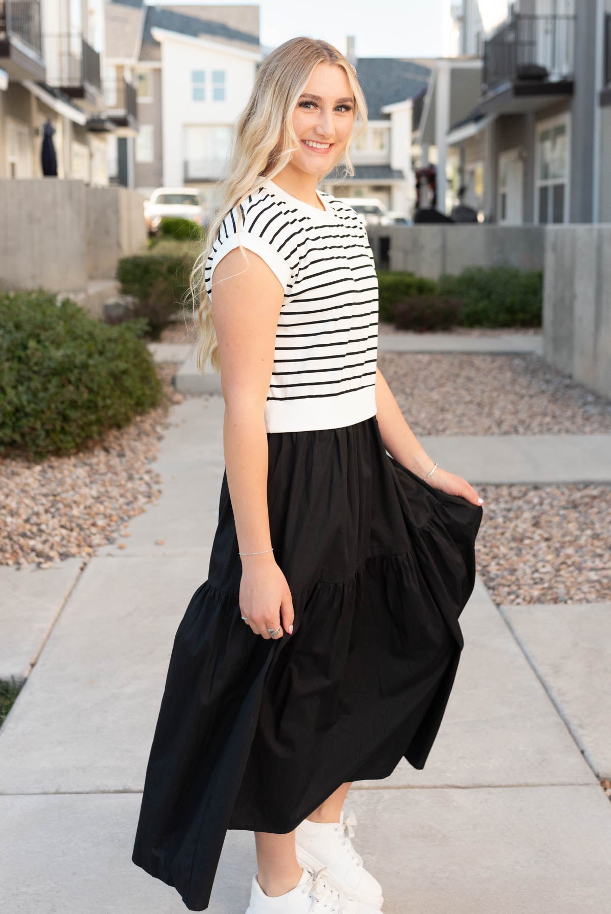 Side view of the black stripe dress