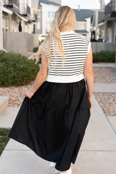 Back view of the black stripe dress