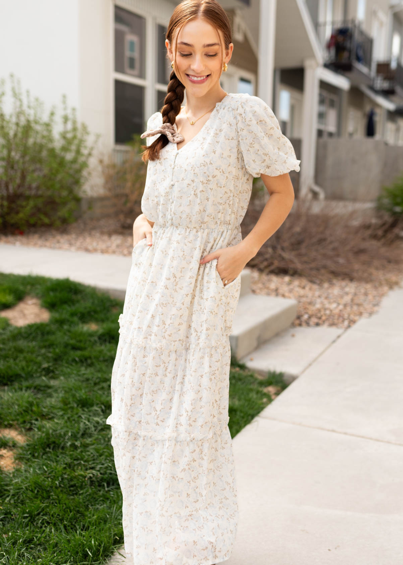 Short sleeve dusty blue floral dress